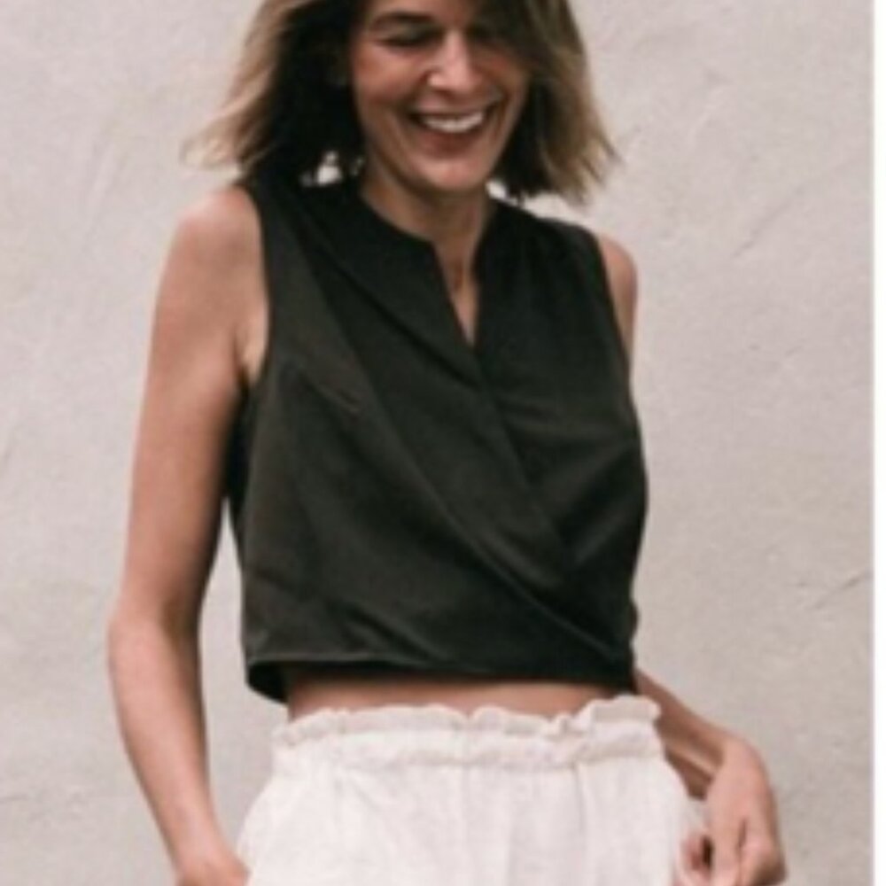 ADAY Black Cool Down Sleeveless Wrap Blouse Cropped Top XL